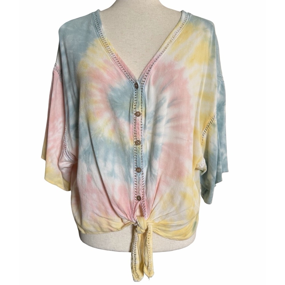 Vintage Havana Pastel Tie Dye Cropped Top Small Crocheted Lace Trim Boho Knotted